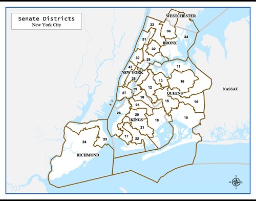 Mapa okręgów w wyborach do Senatu Stanowego w NYC